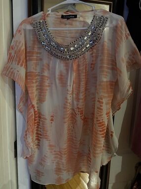 Embellished Orange Tie-Dye Chiffon Blouse